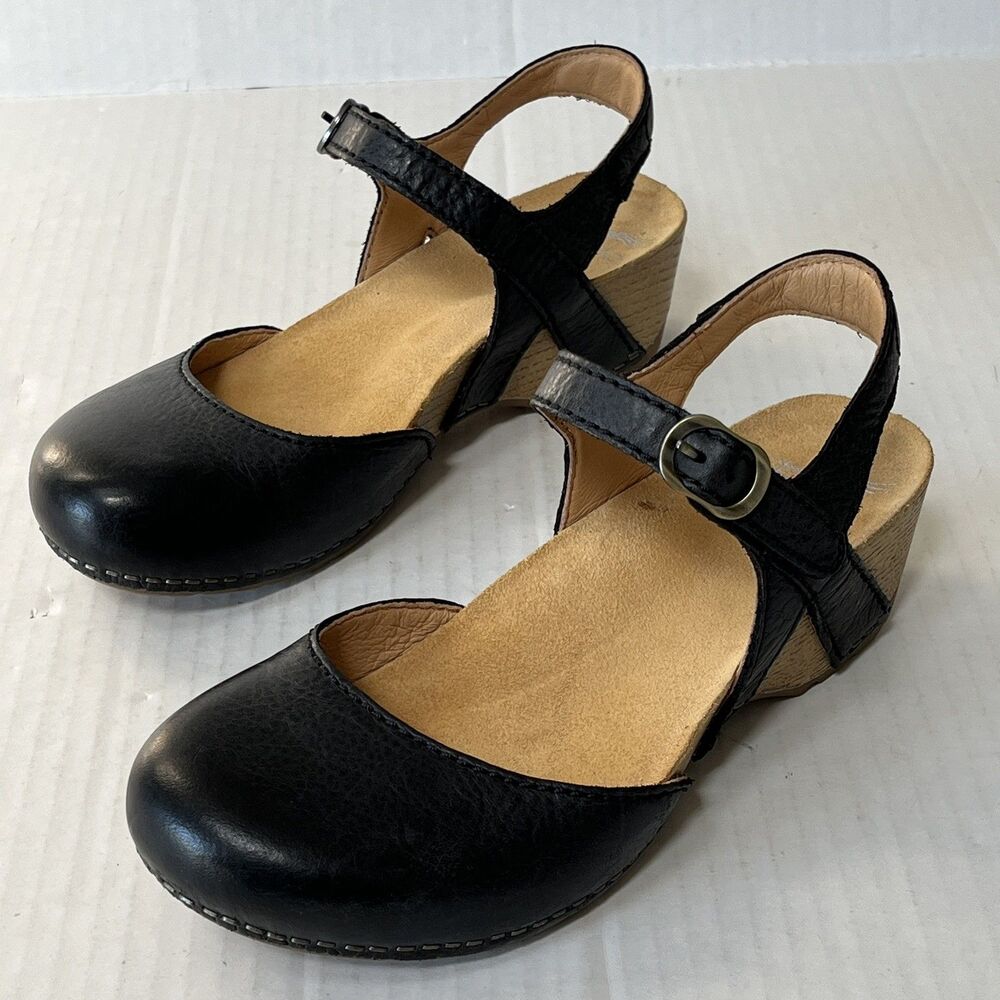 Dansko Tiffani Black Leather Mary Jane Wedge Sandals/Clogs Womens 37 US 6.5